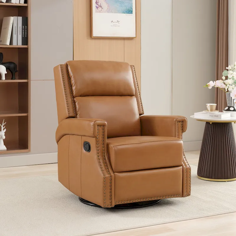 Genuine Leather Manual Rocking Recliner with 360-degree Metal Swivel Base