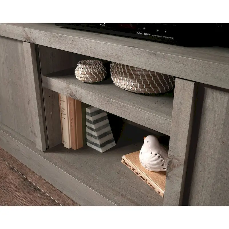 TV Credenza with Herringbone Doors & Adjustable Shelves – Mystic Oak / Sindoori Mango, Modern Style