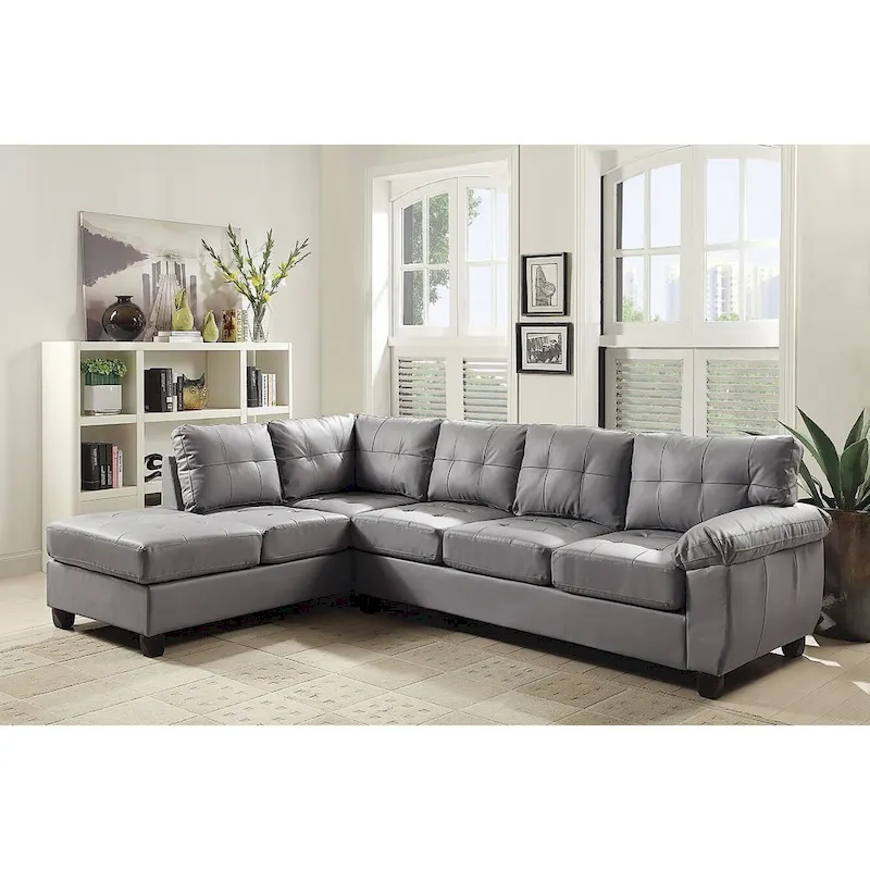 Tufted Reversible Faux Leather L-Shape Sectional Sofa - 111 - Gray