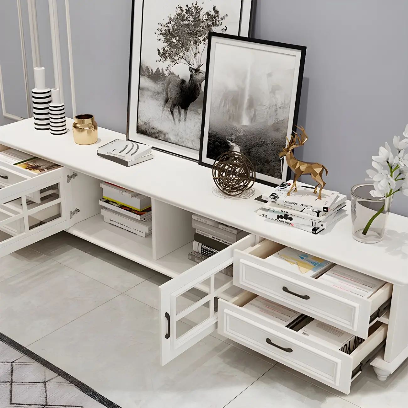 63 Adjustable White Wood TV Stand with Cable Management