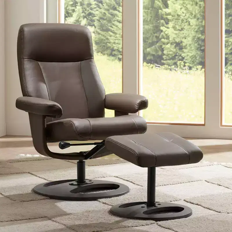 BenchMaster Bruce Chocolate Faux Leather Recliner Chair Modern with Ottoman Footrest Ergonomic Manual Reclining Swivel for Bedroom