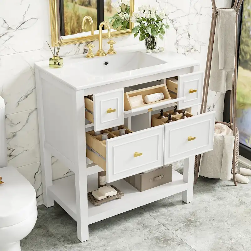 30 Bathroom Vanity with Ceramic Sink Combo, Free Standing Single Vanity Set with 5 Drawers