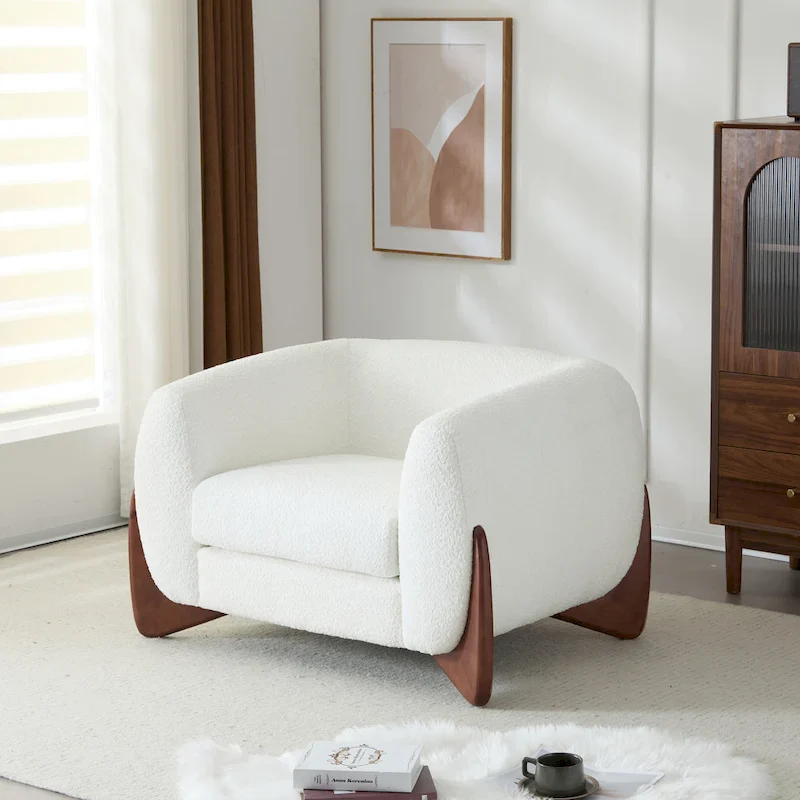 Modern Boucle Arm Chair - White Upholstered Club Chair, Pocket Spring Seat, Solid Wood Frame, 41.75L