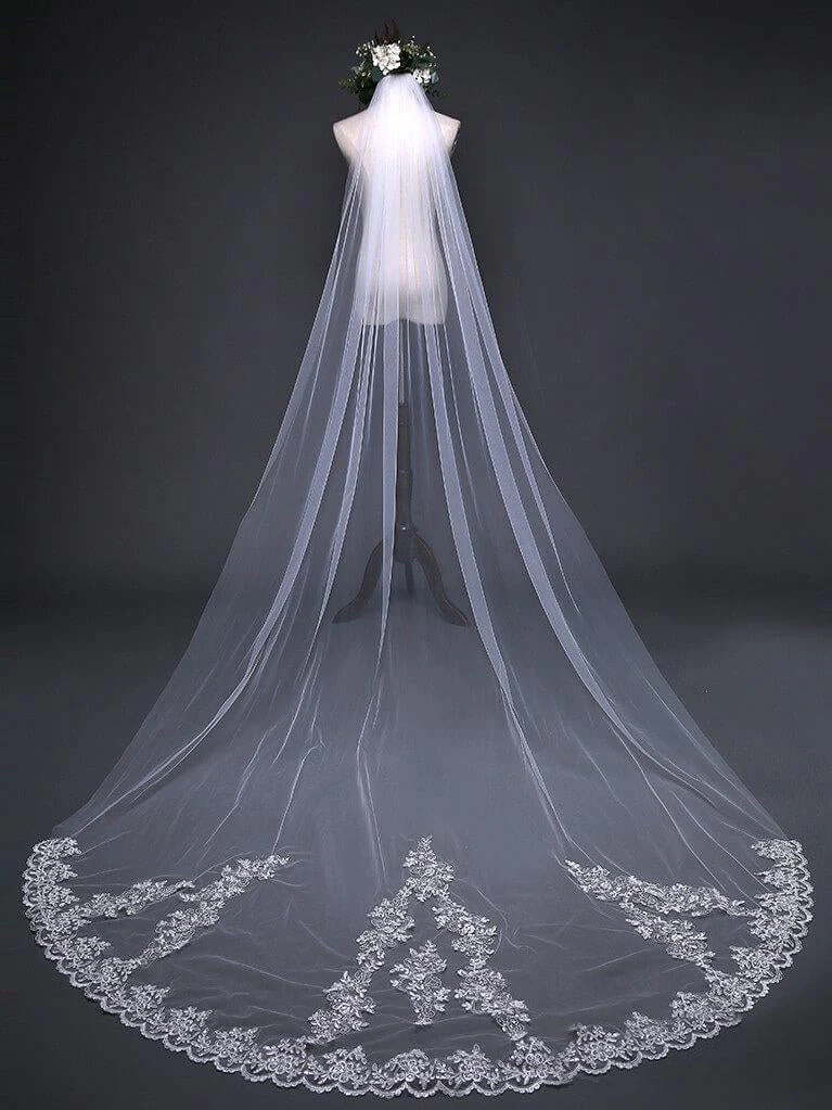 Ivory Cathedral Veils with Lace and Beaded Hemline