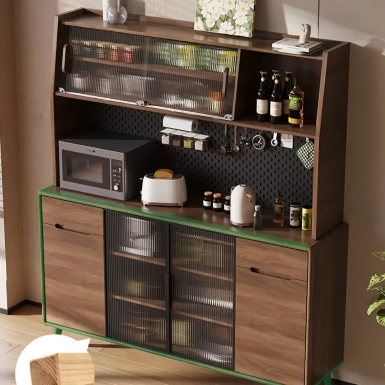 Kitchen Brown Wooden Hutch Top Sideboards with Pegboard Back