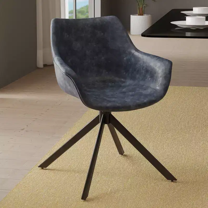LeisureMod Markley Leather Dining Chair with 360-Degree Swivel Armchair and Powder-Coated Iron Legs Set of 2