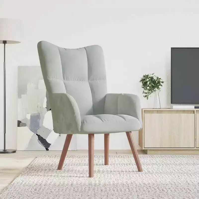 vidaXL Modern Light Grey Velvet Armchair with Wooden Legs, Thick Padded Foam Seat, Aesthetic Blocks on Backrest - Light Gray