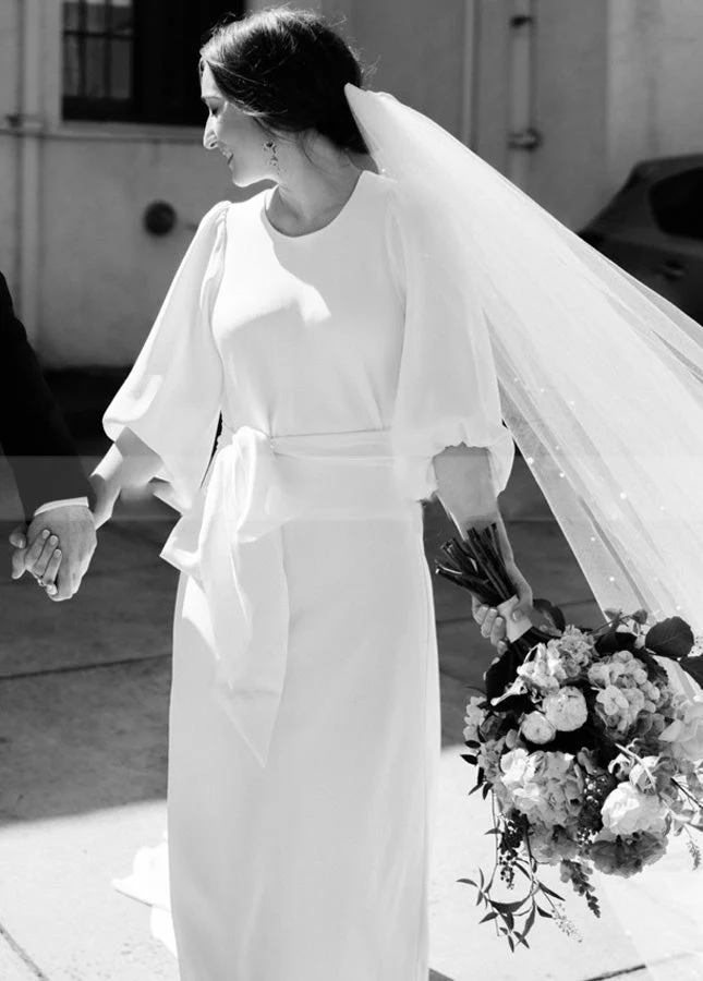 Simple Elegant Half Sleeves Crepe O-Neck White Wedding Dresses with Sash