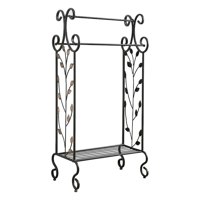 Black Metal with Gold Leaf Free Towel Rack Stand with Shelf