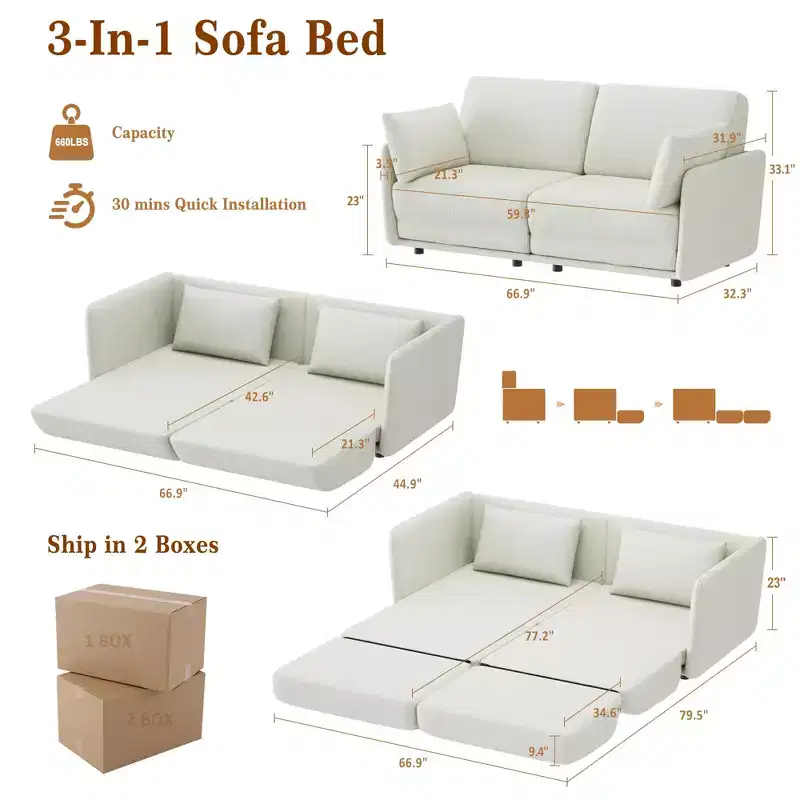 66 Inch Pull Out Sofa Bed Queen Size, 3-in-1 Convertible Sleeper Sofa Bed with Thicked Cushions,Multi-Functional