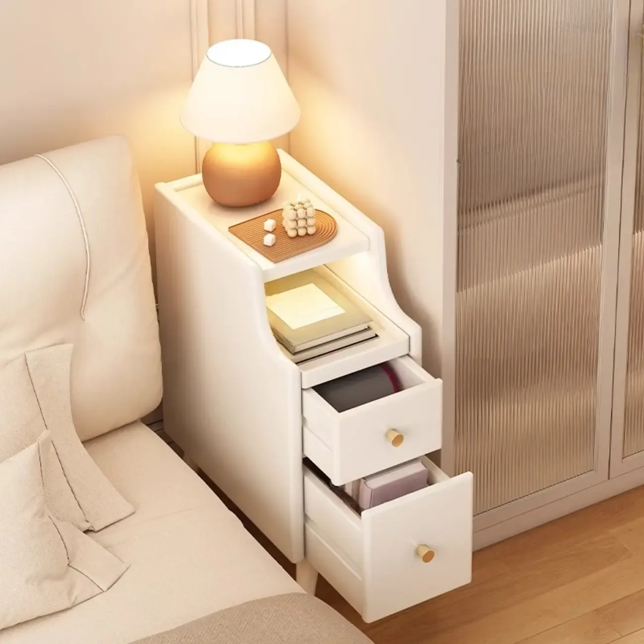 White Wood Narrow Nightstands with Drawers