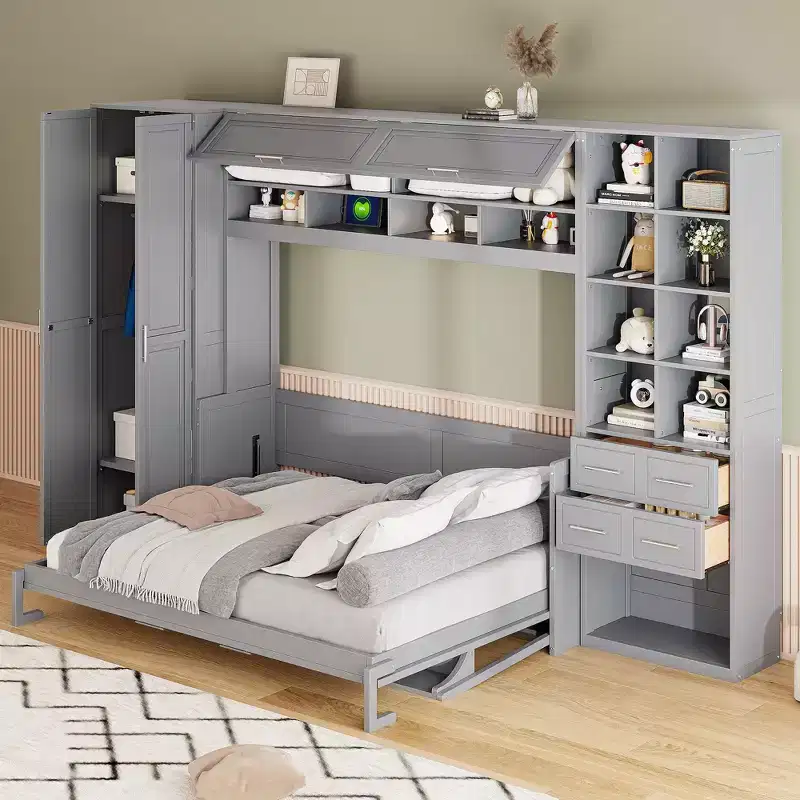 Queen Size Murphy Wall Bed with Built-In Closet, Drawers & Open Shelves, Space-Saving Storage Cabinet Bed, Gray/White - ModernLuxe