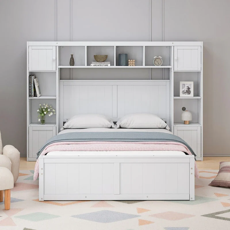 Full Size Wood Bed with All-in-One Cabinet and Shelf