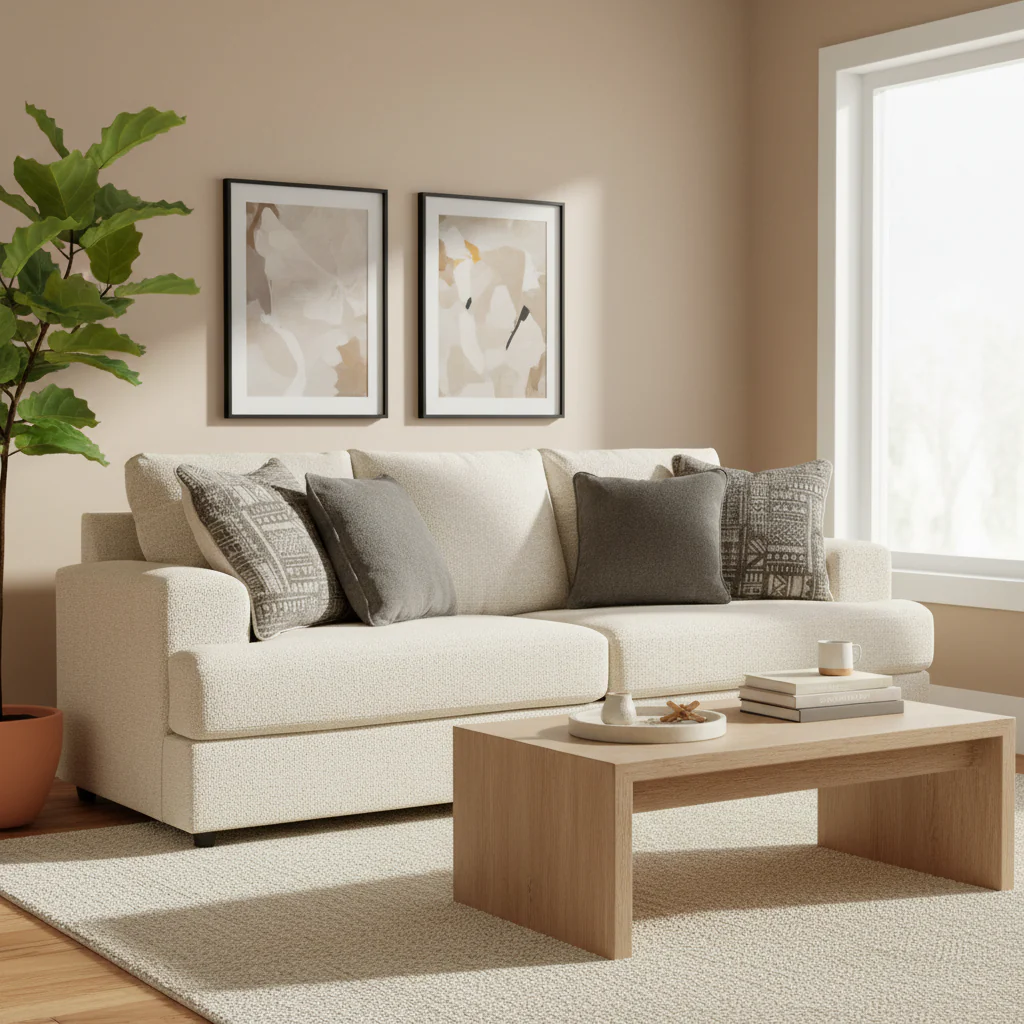 96 Inch Sofa with 4 Jacquard Pillows, Soft Beige Chenille Polyester