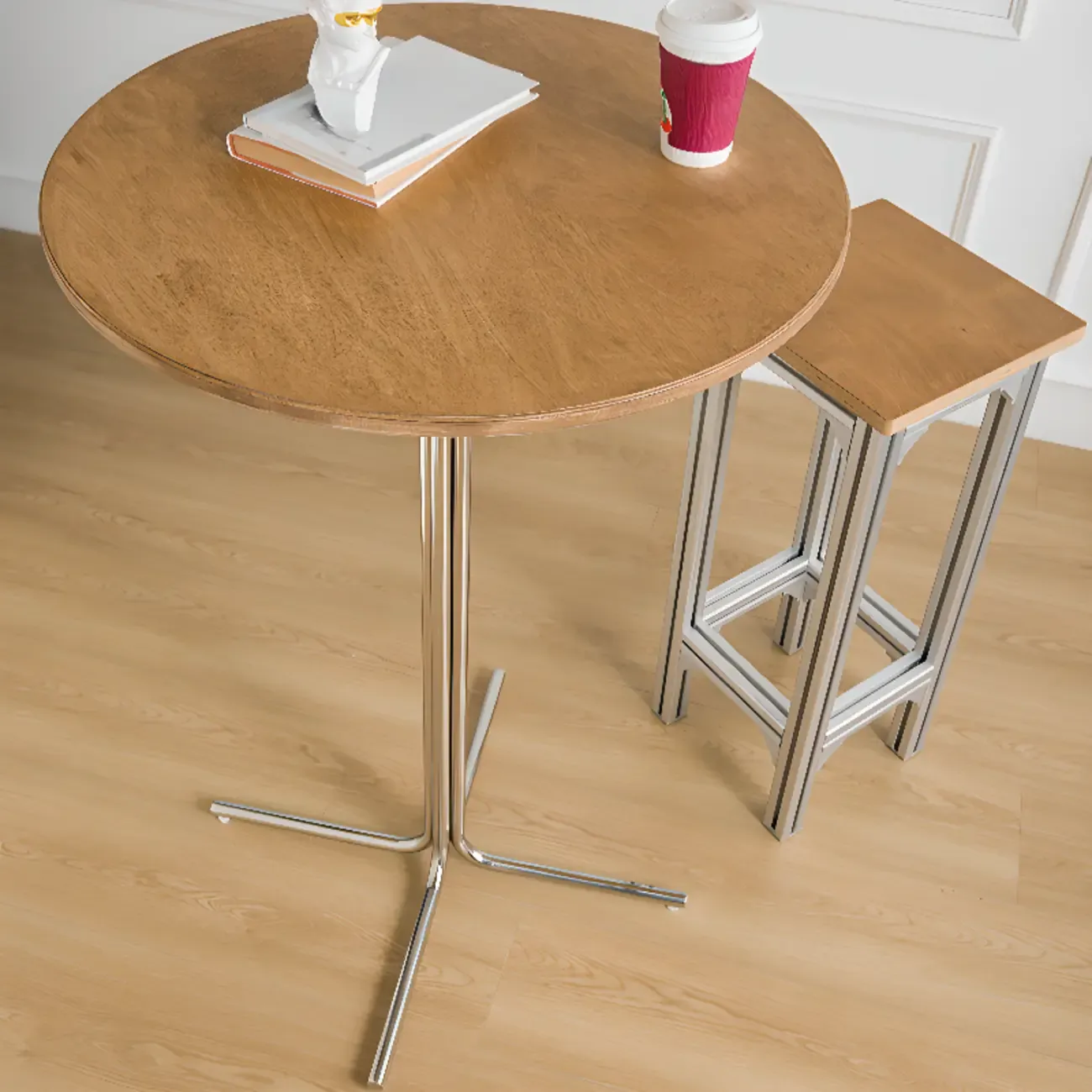Modern Natural Wood Silver Metal Cross Legs Bar Tables