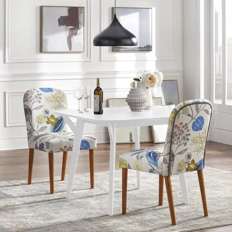 Mid-Century 3-Piece Dining Set for 2 – Floral Linen / Emerald Green Velvet / Grey Herringbone Stripe