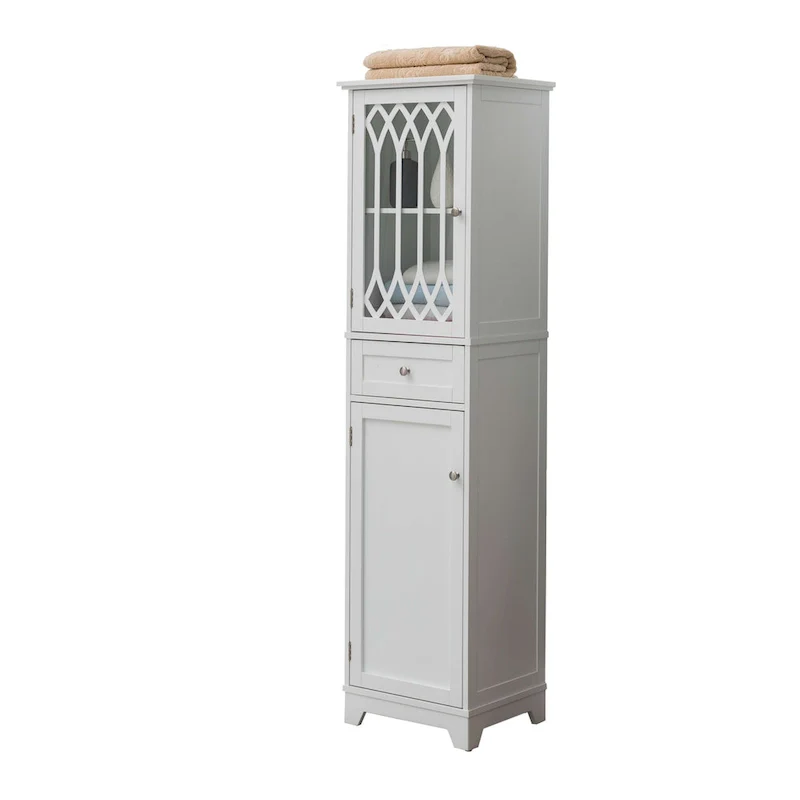 White Glossy Tall Storage Cabinet with 2 Doors & Drawer – 1-Person Use