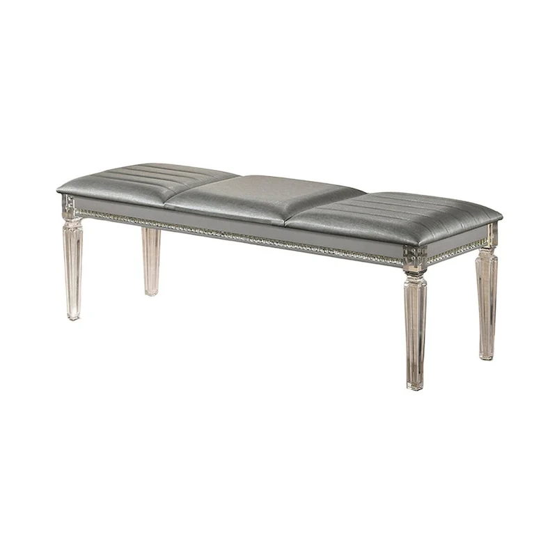 Sam 54 Inch Modern Upholstered Bench, Clear Acrylic Legs, Crystal Accents