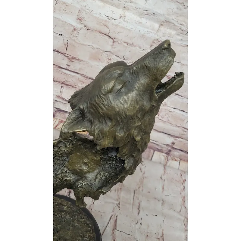 Howling Wolves Bronze Sculpture  Striking Dual Imitative Wolf Heads On Marble Base