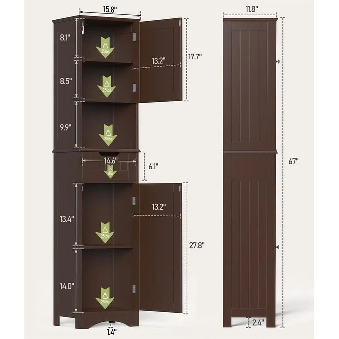 67 Tall 5-Tier Narrow Solid Wood Bathroom Linen Cabinet