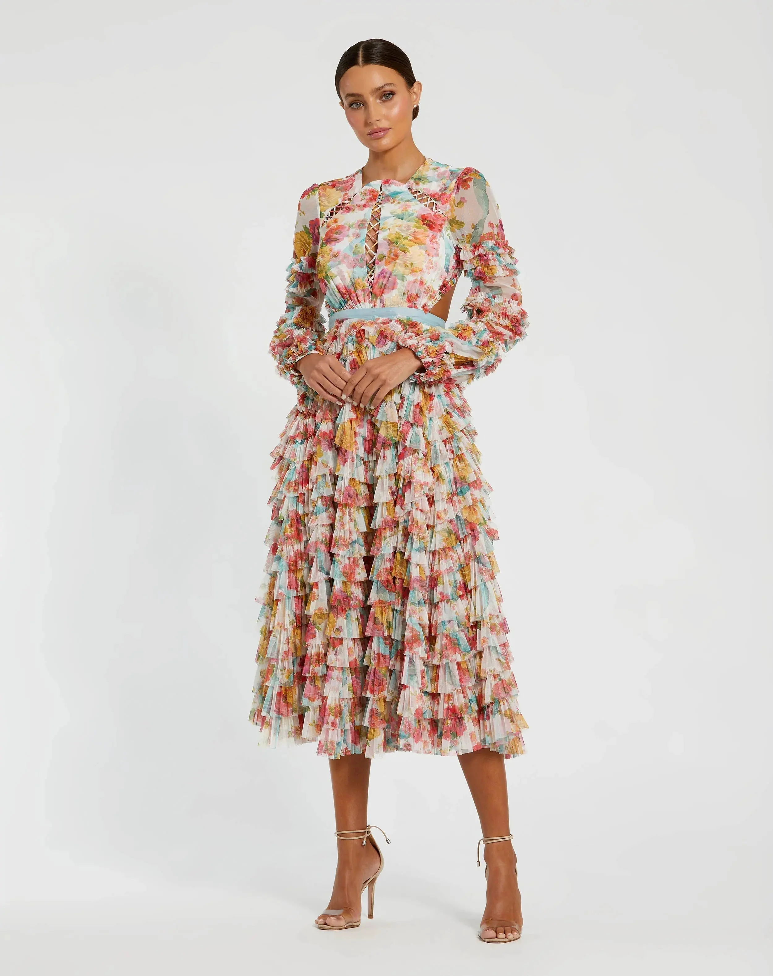 Multicolor Long Sleeve Ruffle Criss Cross Midi Dress