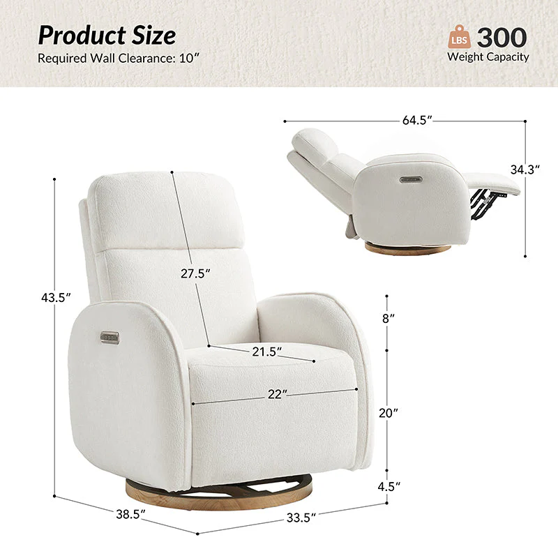 Electric Nursery Swivel Recliner with Motorized Headrest & Lumbar, Rocking Function, Night Light & USB/Type-C Ports | Ivory / Grey / Pink / Black | Single Seat