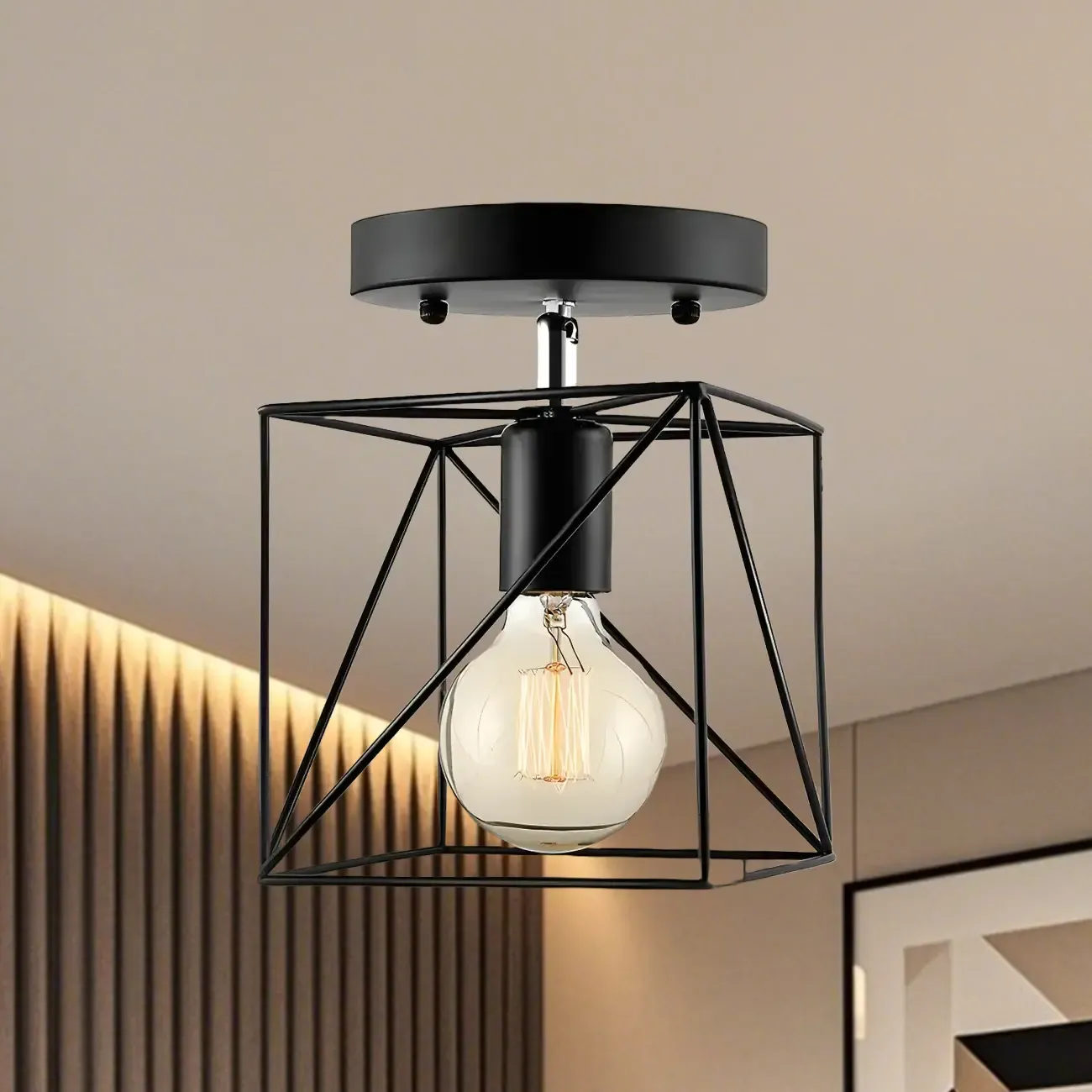 Modern Black Metal Square Caged Semi Flush Mount Ceiling Light
