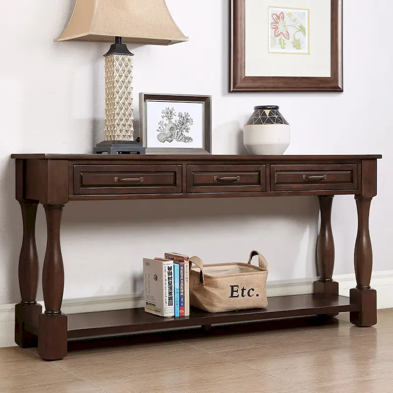 Long Wood Console Table with 3 Drawers and 1 Bottom Shelf