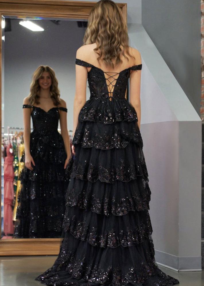 A-Line Lace Off-the-Shoulder Tiered Long Prom Dress with Slit