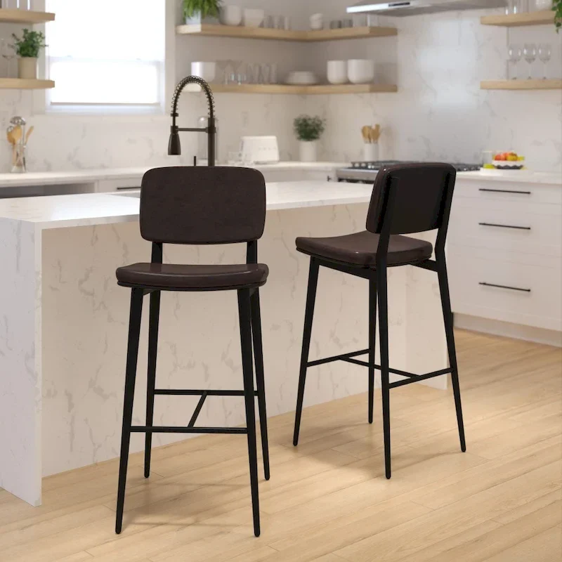 Set of 2 LeatherSoft Barstools with Iron Frame-Integrated Footrest