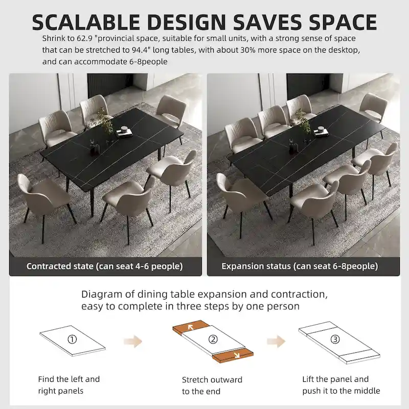 7 Piece 62.9 inch to 94.4 inch Extendable Dining Table Set with Sintered Stone Top 6 Chairs