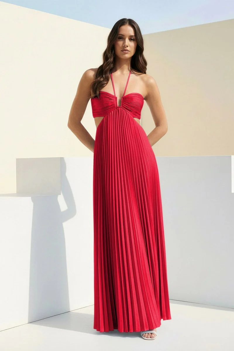 Sky Blue Halter Pleated Satin A Line Prom Dresses With Cutout