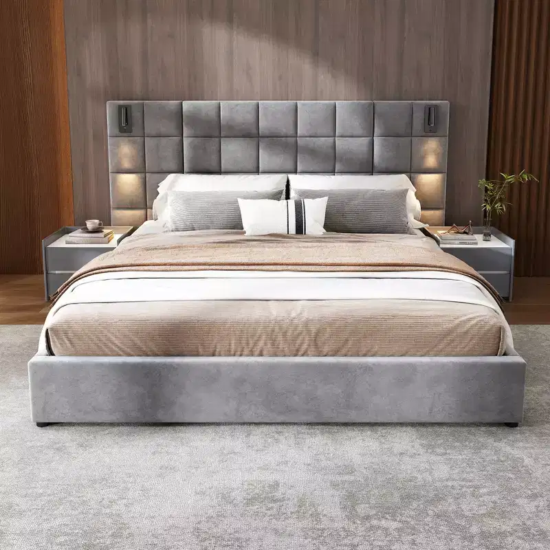 King/Queen Size Upholstered Platform Bed Frame with Wide Headboard, Reading Lamp and USB Port, Velvet, Gray - ModernLuxe