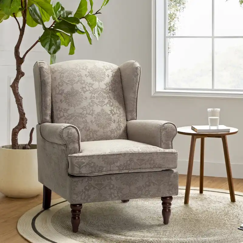 Wingback Accent Armchair with Turned Legs – Brocade / Tropical / Blue / Tan / Green, Single Seat