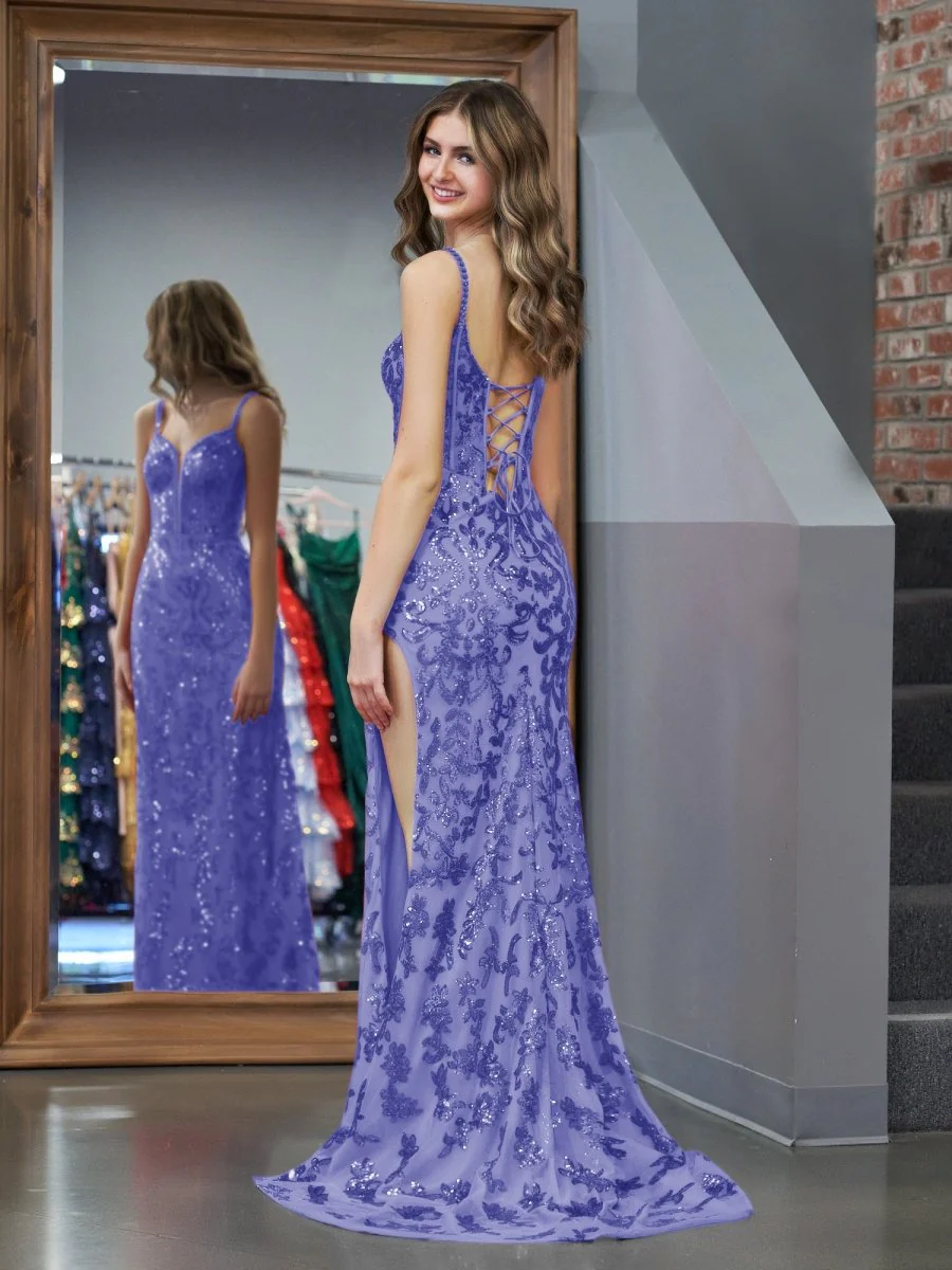 Purple Sheath Sequins Long Prom Dress with Slit