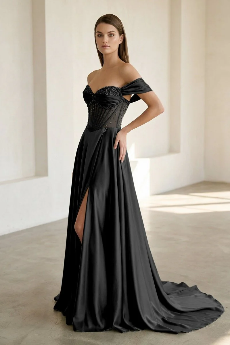 Sage Off The Shoulder A Line Satin Beaded Prom Dresses With Slit