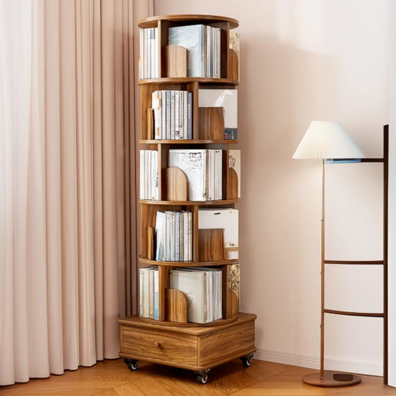 Narrow Wood 5-Tier Revolver Sliding Bookcase with Drawer