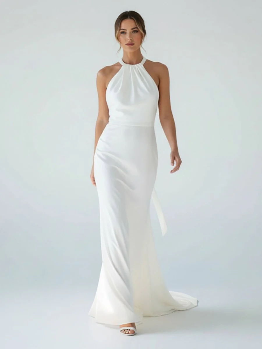 Sheath Satin Backless Halter Wedding Dress