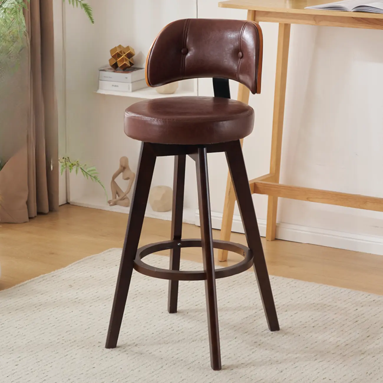 Natural Wood Round Leather Swivel Bar Stools