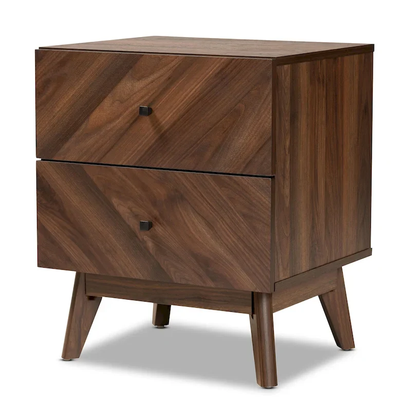 Mid-Century Modern Walnut Finished Wood 2-Drawer Nightstand