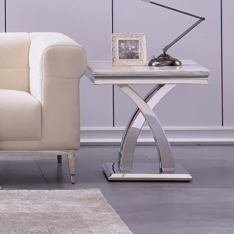 Modern Metal End Table with Square Gloss Top and X-Cross Base