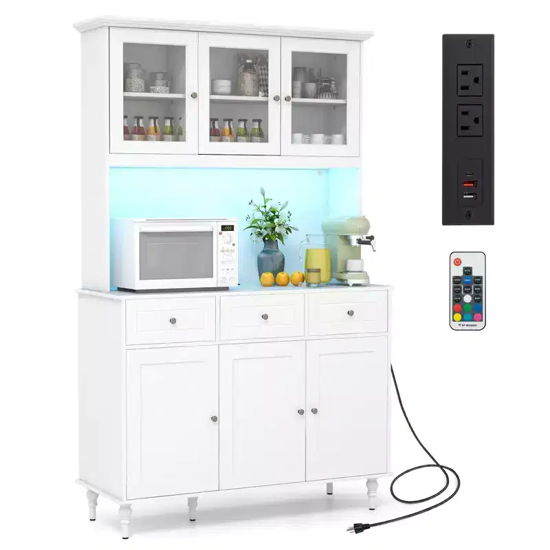 Costway Pantry Cabinet 77 Tall Kitchen Storage Cabinet with LED Lights & Charging Station,Freestanding Cupboard with 4 Adjustable Shelves
