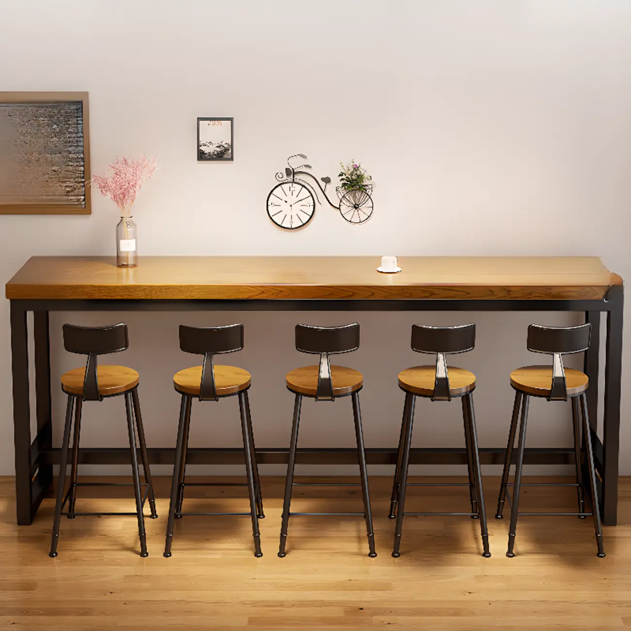 Simple Brown Black Wooden Trestle Bar Tables