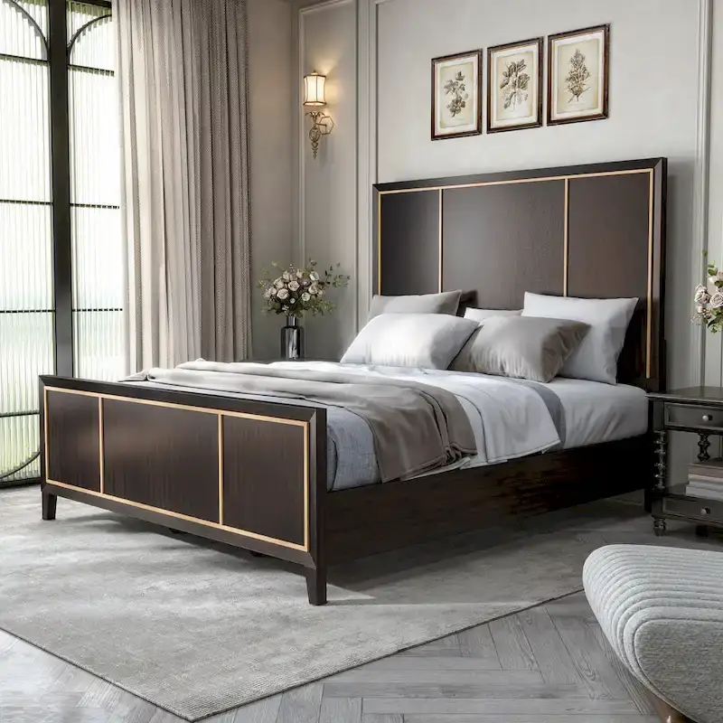 Panel Bed with Gold Accent Trim - Espresso - Queen/King