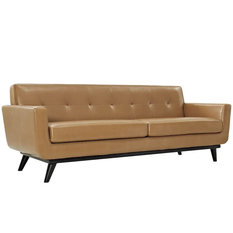 Tan Leather Mid-Century Sofa with Button Tufting