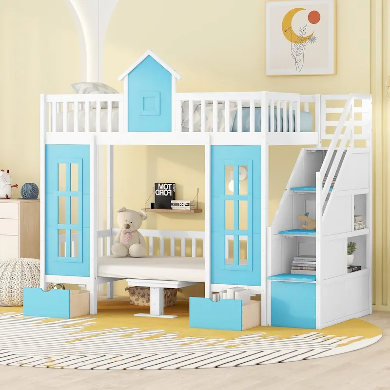 Twin Over Twin Bunk Bed with Convertible Table, Blue/Pink/White, Sleeps 2