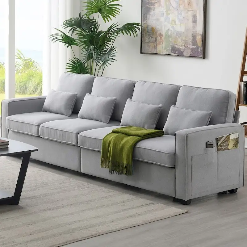 104  4-Seater Modern Linen Fabric Sofa with Armrest Pockets and 4 Pillows