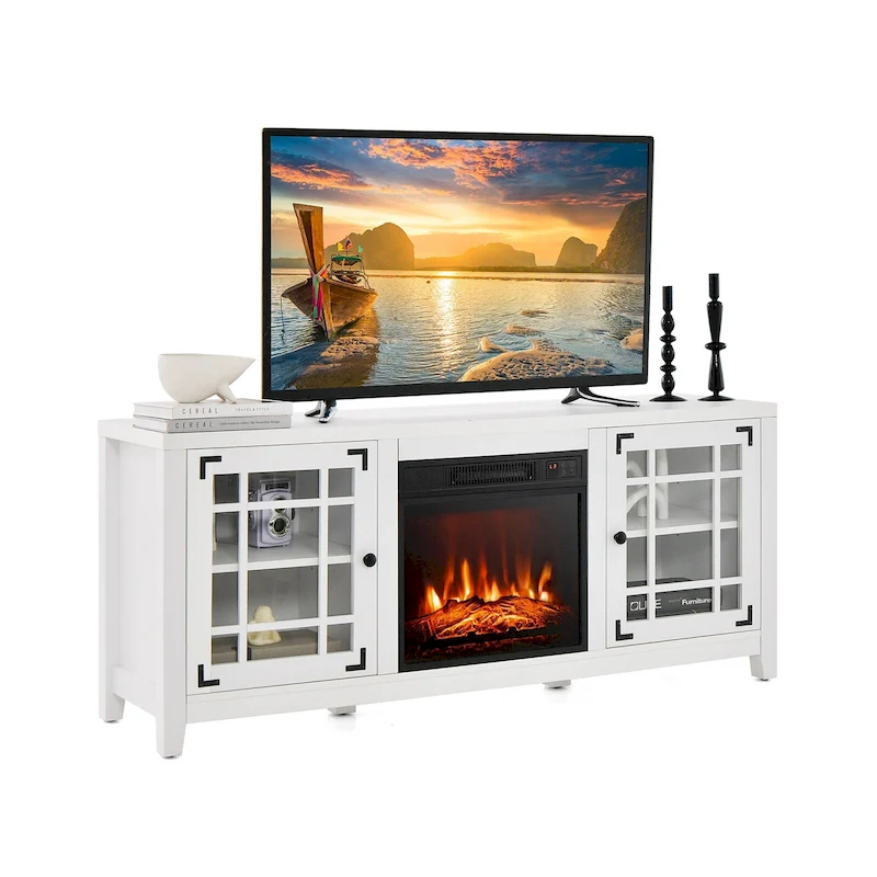 58 Inch Fireplace TV Stand with 3-Position Adjustable Shelves and 2 Cabinets with Doors