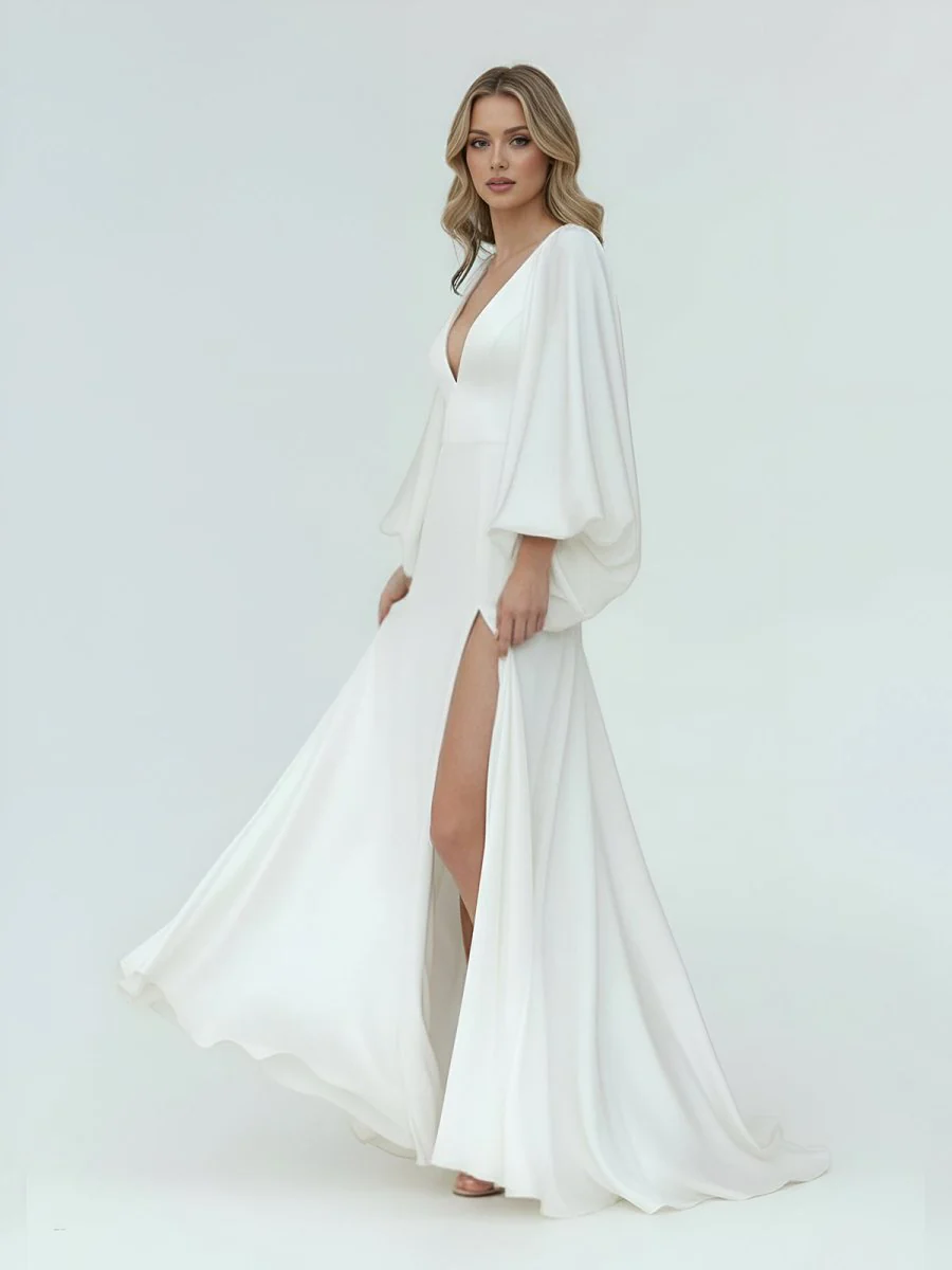 White Satin Simple A-Line Long Wedding Dress with Slit