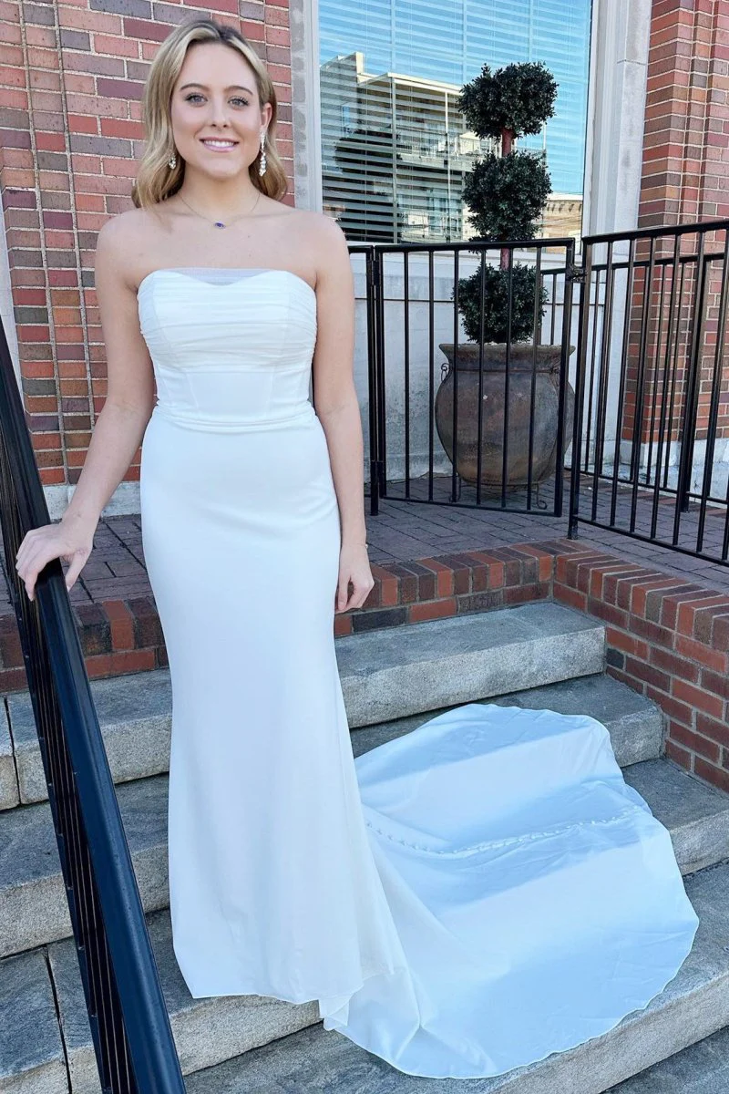 White Satin Strapless Mermaid Long Wedding Dress
